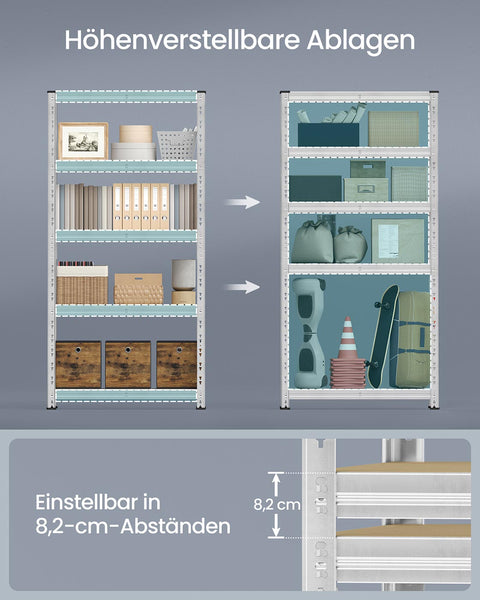 Rootz Silver Storage Shelves - Organize - Durable Steel - MDF Panels - Max Load 875kg - 40 x 90 x 180 cm