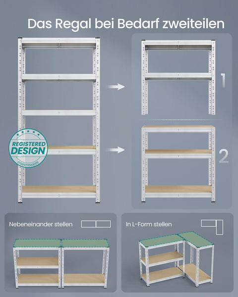 Rootz Silver Storage Shelves - Organize - Durable Steel - MDF Panels - Max Load 875kg - 40 x 90 x 180 cm