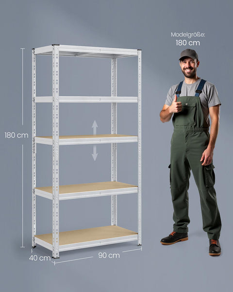 Rootz Silver Storage Shelves - Organize - Durable Steel - MDF Panels - Max Load 875kg - 40 x 90 x 180 cm
