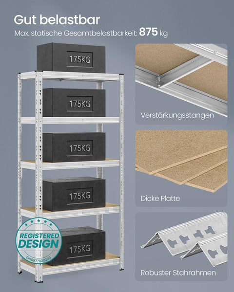 Rootz Silver Storage Shelves - Organize - Durable Steel - MDF Panels - Max Load 875kg - 40 x 90 x 180 cm
