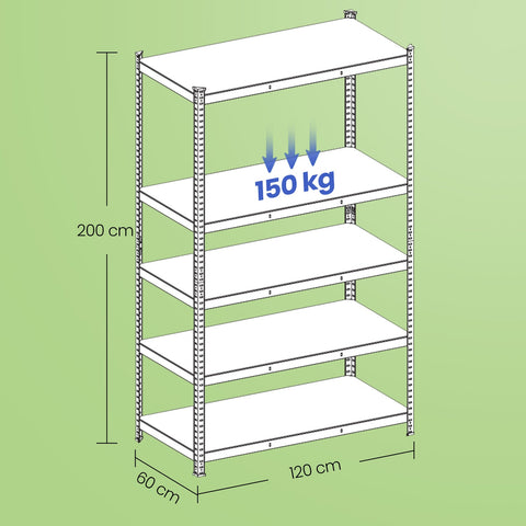 Rootz Heavy-Duty Lager Shelf - Basement Shelf - Storage Shelving - 875kg Capacity - 60cm x 120cm x 200cm - Powder-Coated Steel MDF