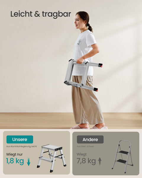 Rootz 2 Step Ladder - Aluminum Alloy Step Stool - Folding Step Stool - Non-Slip Steps - 45cm x 35.5cm x 38cm
