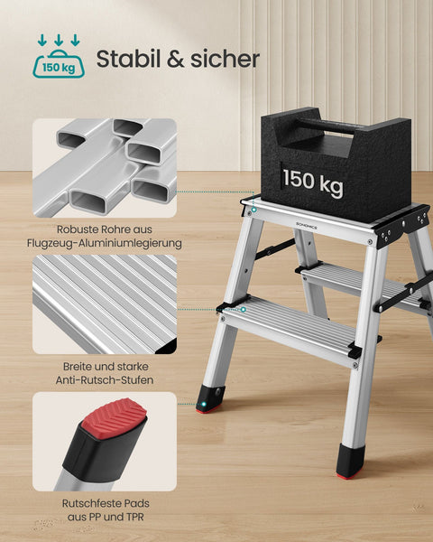 Rootz 2 Step Ladder - Aluminum Alloy Step Stool - Folding Step Stool - Non-Slip Steps - 45cm x 35.5cm x 38cm