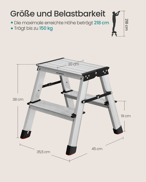 Rootz 2 Step Ladder - Aluminum Alloy Step Stool - Folding Step Stool - Non-Slip Steps - 45cm x 35.5cm x 38cm