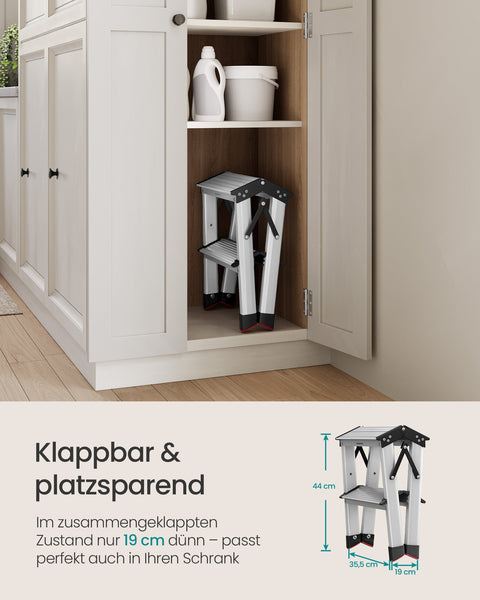 Rootz 2 Step Ladder - Aluminum Alloy Step Stool - Folding Step Stool - Non-Slip Steps - 45cm x 35.5cm x 38cm