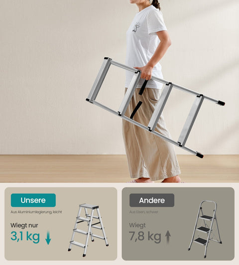 Rootz Aluminum Step Ladder - Foldable Ladder - Non-Slip Steps - Lightweight Design - 78cm x 42cm x 81.5cm
