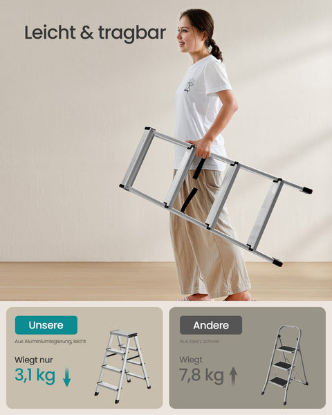Rootz Aluminum Alloy Folding Ladder - Step Stool - Lightweight Sturdy - 78cm x 42cm x 81.5cm - 150kg Capacity