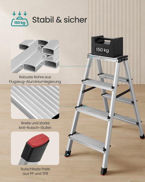 Rootz Aluminum Alloy Folding Ladder - Step Stool - Lightweight Sturdy - 78cm x 42cm x 81.5cm - 150kg Capacity