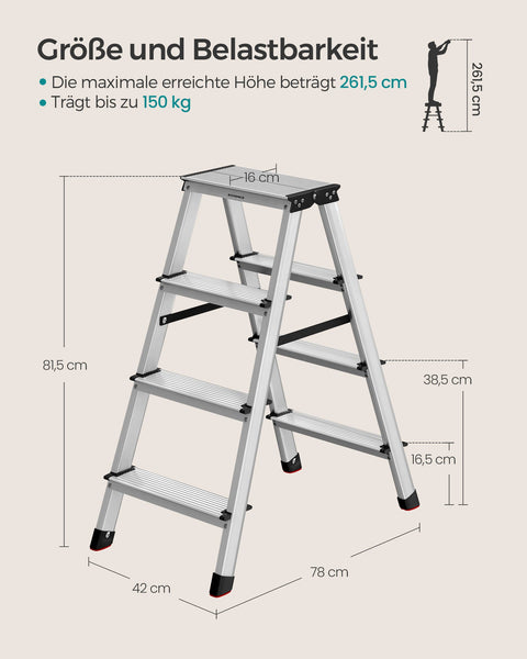 Rootz Aluminum Alloy Folding Ladder - Step Stool - Lightweight Sturdy - 78cm x 42cm x 81.5cm - 150kg Capacity