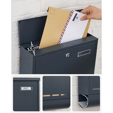 Rootz Anthracite Steel Mailbox - Letterbox - Postbox - Powder-coated Steel - Weather-resistant - Easy to Install - Secure Locking System - 35cm x 12cm x 42.5cm