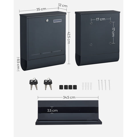 Rootz Anthracite Steel Mailbox - Letterbox - Postbox - Powder-coated Steel - Weather-resistant - Easy to Install - Secure Locking System - 35cm x 12cm x 42.5cm