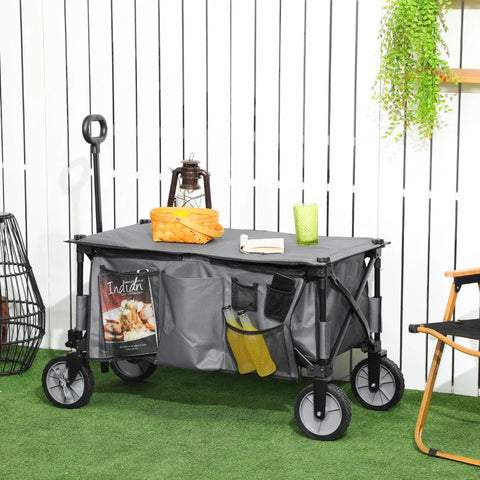 Rootz Garden Trolley - Cargo Traile On Wheels - Folding Handcart - 5 Side Pockets - Adjustable Handle - Up To 120 Kg - Steel - Dark Gray - 100 x 55 x 93 cm