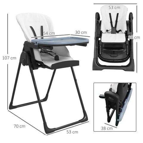 Rootz Baby High Chair - Folding Baby High Chair - 5 Point Straps - Double Tray - Blue + Black + White - 70L x 53W x 107H cm