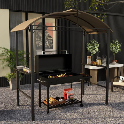 Rootz BBQ Gazebo - 2 Side Shelves - Barbecue Pavilions - BBQ Pavilion - Hooks - Steel Frame - Polyester - Khaki - 1.1 x 2.3m