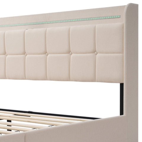 Rootz Padded Double Bed - Upholstered Bed - Linen Bed - USB Charging & LED Lighting - Beige - 144.5cm x 220cm x 103.5cm