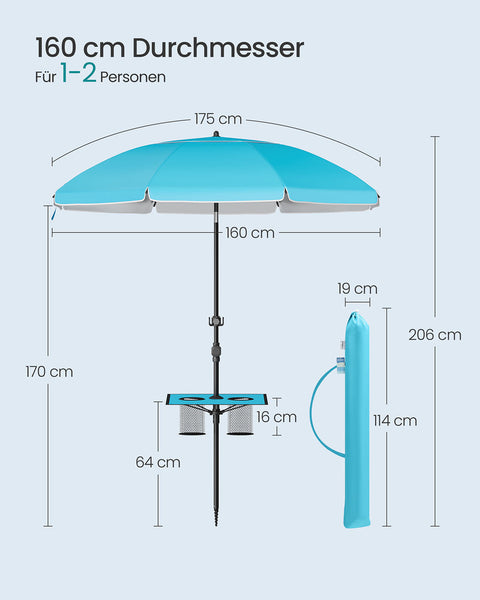 Rootz Parasol - Sun Umbrella - UV Protection Shade - Durable Steel and Polyester - 160cm Diameter x 158-206cm Height, Blue