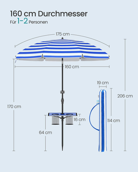 Rootz Adjustable Parasol - Sunshade - Outdoor Umbrella - Height Adjustable - 160cm x 158-206cm - Blue-White