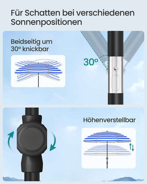 Rootz Adjustable Parasol - Sunshade - Outdoor Umbrella - Height Adjustable - 160cm x 158-206cm - Blue-White