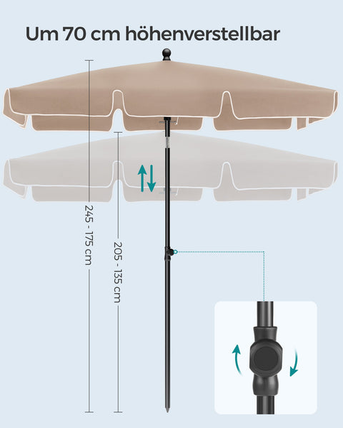 Rootz Taupe Steel Frame Parasol - Sun Umbrella - Outdoor Shade - Polyester Fabric - Adjustable Height - 230cm x 150cm - Lightweight - Portable - 175-245cm erect dimensions