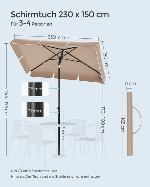 Rootz Taupe Steel Frame Parasol - Sun Umbrella - Outdoor Shade - Polyester Fabric - Adjustable Height - 230cm x 150cm - Lightweight - Portable - 175-245cm erect dimensions