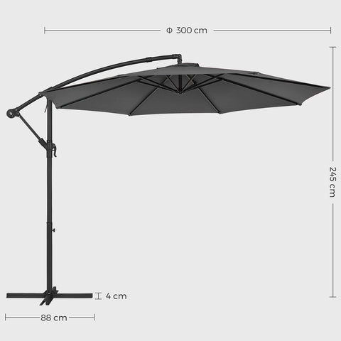 Rootz 3m Gray Patio Umbrella - Outdoor Sun Shade - Metal Pole - Powder Coated - 180g/m2 Polyester Fabric - 2.45m Height - 13.5kg - Parasol Stand Instructions