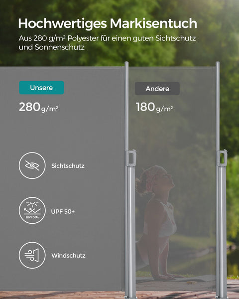 Rootz Grey Extendable Side Awning - Retractable Shade - Outdoor Barrier - Rust-Resistant - 1.8m x 3.5m
