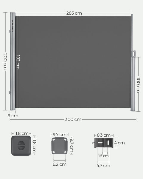 Rootz Side Awning - Privacy Screen - Outdoor Blind - Aluminum Alloy - 200cm x 300cm - Easy Assembly - Anthracite - 9kg