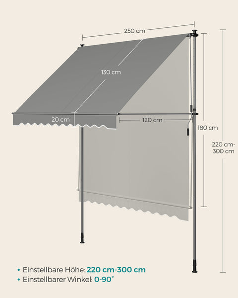 Rootz Clamp Awning - Retractable Sunshade - Outdoor Canopy - UV Protection - 250cm x 120cm - Adjustable Height 220-300cm - Grey