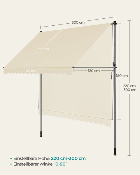 Rootz Clamp Awning with Crank - Beige Canopy - Retractable Shelter - UV Protection - 300cm x 120cm x 300cm
