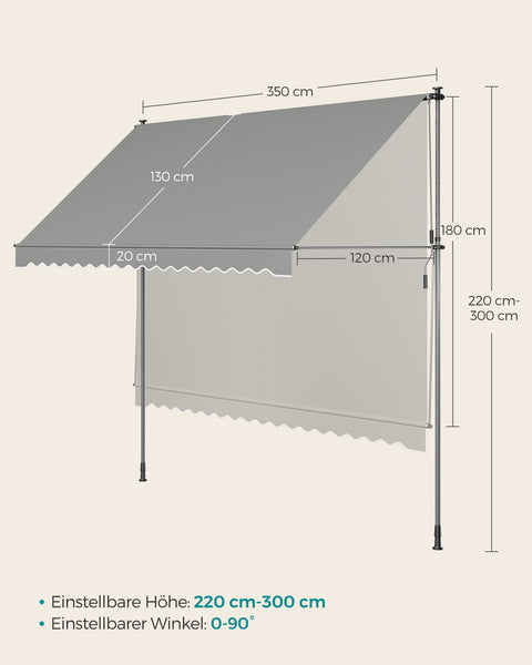 Rootz Clamp Awning with Crank - Patio Canopy - Outdoor Shelter - Adjustable Height - 350cm x 120cm - Powder-coated Steel - Aluminum Alloy