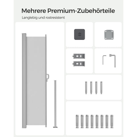 Rootz Side Awning 160 x 350 cm - Balcony Shade - Retractable Outdoor Canopy - Steel Frame - Waterproof Polyester - 9kg - Light Gray