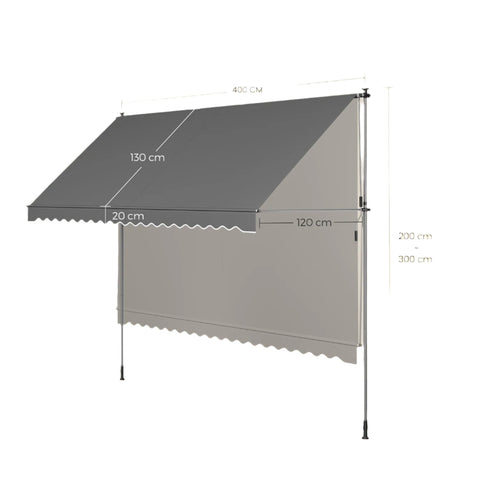 Rootz Clamp Awning - Balcony Awning - Height Adjustable - Powder-Coated Steel Protection - 300cm x 120cm x 220-300cm