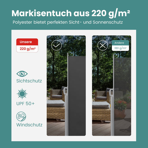 Rootz Side Awning - Outdoor Sunshade - Retractable Privacy Screen - Rust Resistant - 180cm x 400cm