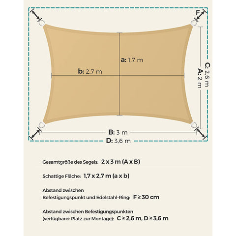 Rootz Sandy Yellow Shade Sail - Sun Shade - UV Protection - Outdoor Canopy - 160 g/m2 Polyester Fabric - Stainless Steel Ring - 2m x 3m - Lightweight 1kg - Includes 4 Fastening Ropes