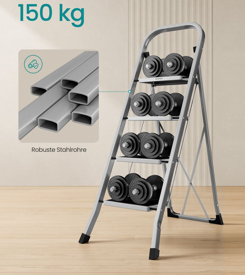 Rootz 4 Step Ladder - Folding Step Stool - Steel Stepladder - Load Capacity 150kg - 89cm x 45cm x 127cm