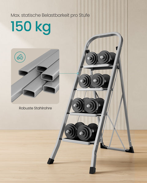 Rootz Steel Folding Ladder - Step Stool - Heavy-duty - 89cm x 45cm x 127cm - Lightweight - Dove Gray - 7.6kg - Max Load 150kg