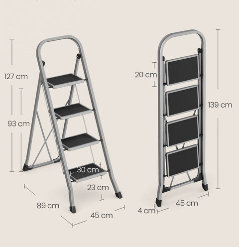 Rootz 4 Step Ladder - Folding Step Stool - Steel Stepladder - Load Capacity 150kg - 89cm x 45cm x 127cm