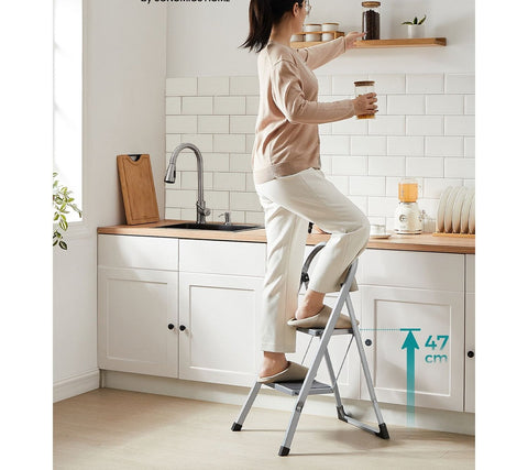 Rootz 2 Step Steel Ladder - Folding Stepstool - Gray - Steel - 45.5cm x 82cm x 55cm - Lightweight - Max. 150kg Load Capacity
