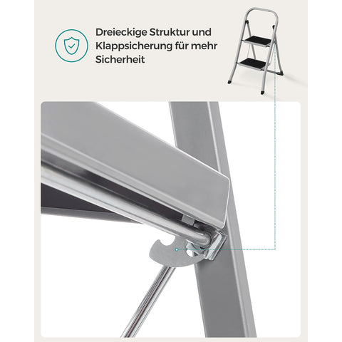 Rootz 2 Step Steel Ladder - Folding Stepstool - Gray - Steel - 45.5cm x 82cm x 55cm - Lightweight - Max. 150kg Load Capacity