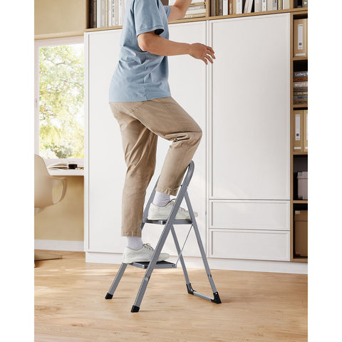Rootz 2 Step Steel Ladder - Folding Stepstool - Gray - Steel - 45.5cm x 82cm x 55cm - Lightweight - Max. 150kg Load Capacity