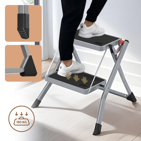 Rootz 2 Level Folding Step Ladder - Trade Conductor - High Stability - Non-Slip Steps - 50cm x 3.5cm x 55.5cm
