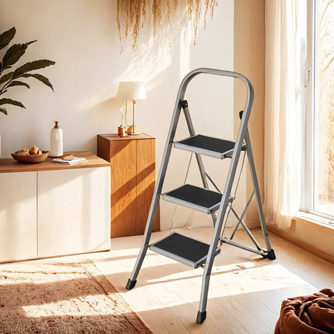 Rootz 3 Level Steel Folding Ladder - Step Ladder - Portable Ladder - High Stability - 46.5cm x 74.5cm x 105cm