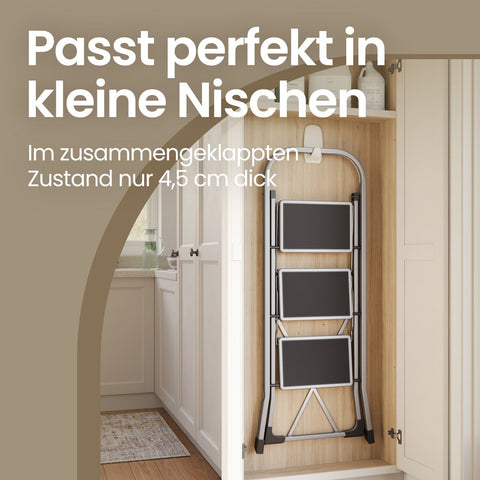 Rootz 3 Level Steel Folding Ladder - Step Ladder - Portable Ladder - High Stability - 46.5cm x 74.5cm x 105cm