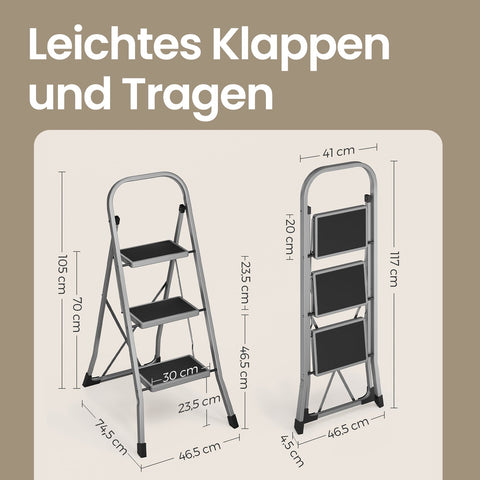 Rootz 3 Level Steel Folding Ladder - Step Ladder - Portable Ladder - High Stability - 46.5cm x 74.5cm x 105cm