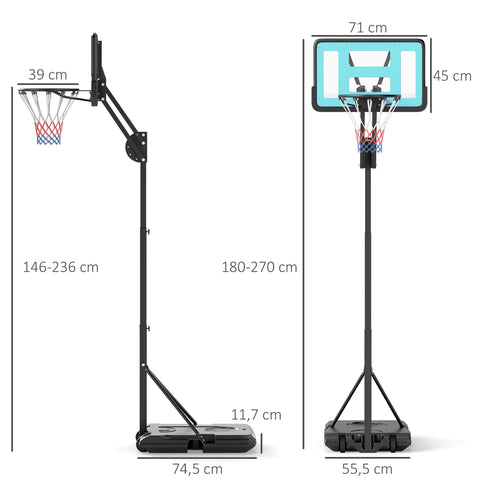 Rootz Basketball Basket - Adjustable Height - Portable Hoop - Steel & Plastic - 146-236 cm - Black