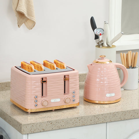 Rootz Pink 2-in-1 Toaster and Kettle Set - Multifunction Kitchen Combo - Elegant Pebble Design - Seven Browning Levels - 24.1x19.5x23.2cm