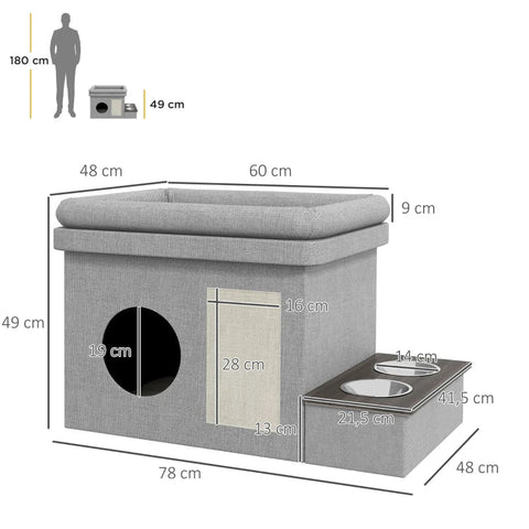 Rootz Cat House - Feeding Place - 2 Stainless Steel Bowls - Scratching Mat - Soft Lounger Cushion - Gray - 78 x 48 x 49.5 cm