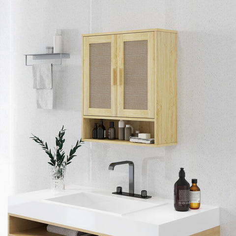 Rootz Wall Mount Bathroom Cabinet - Wall Cabinet - Boho Storage - Moisture-Resistant Rattan Doors - 59cm x 20cm x 66.5cm - Brown