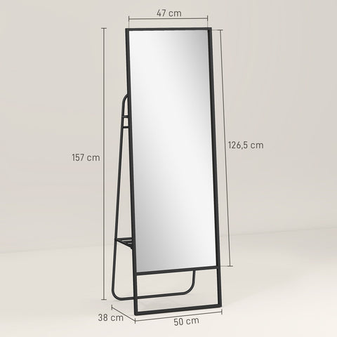 Rootz Full Body Mirror - Standing Mirror - Dressing Mirror - Industrial Design, Metal Frame, Black, 157 x 50 cm, Rear Shelf, 2 Hooks, Safe & Chic