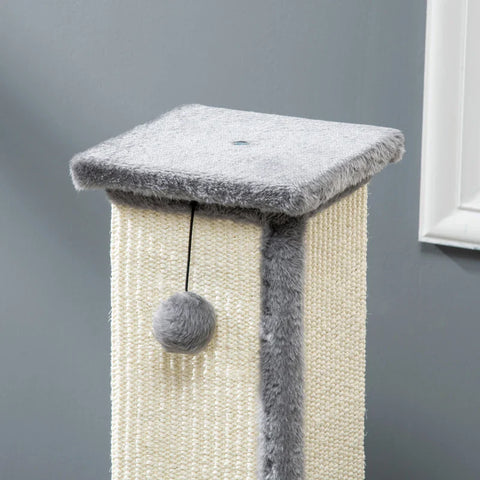 Rootz Cat Scratching Post with Toy Ball - Cat Scratcher - Plush - Sisal - Hanging Ball - Cream + Gray - 41cm x 41cm x 81cm